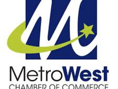 Top blue squre with white letter M and green design. Three lines of text underneath MetroWest Chamber of Commerce The Power of Connection