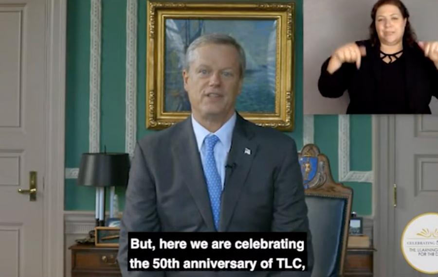 Massachusetts Governor Charlie Baker with ASL Interpreter in upper right hand corner of screen