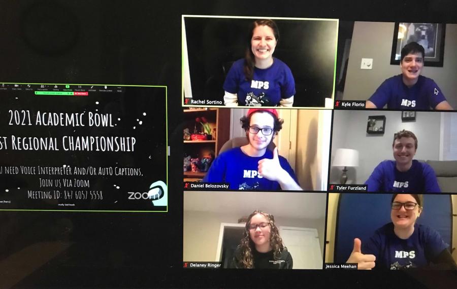 A Zoom screen with six students on the right and a black screen with text on the left - 2021 academic bowl east regional championship 