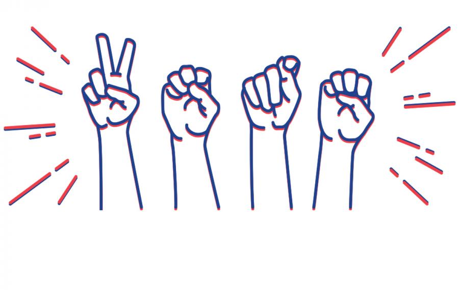 Four outlined hands depicting ASL letters V O T E
