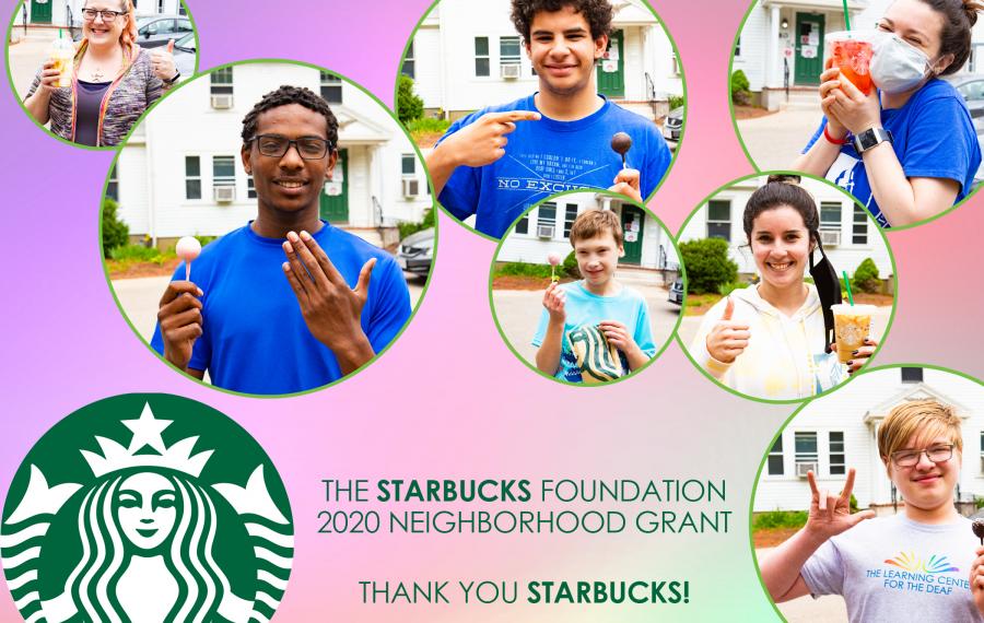 A collage of students with Starbucks drinks