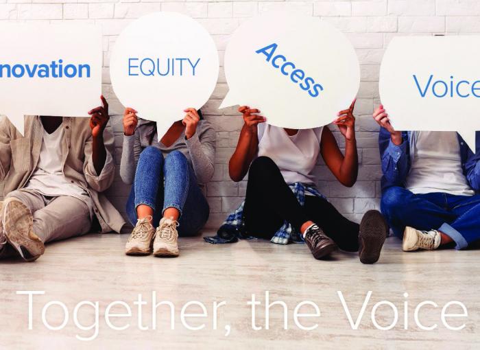 Four individuals sitting on the floor holding white circular signs in front of their faces that read Innovation, Equity, Access and Voice.