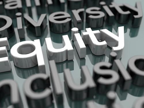 A series of words in a vertical line: Diversity, Equity, Inclusion