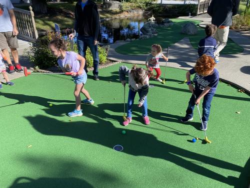 A group of young children playing miniature golf