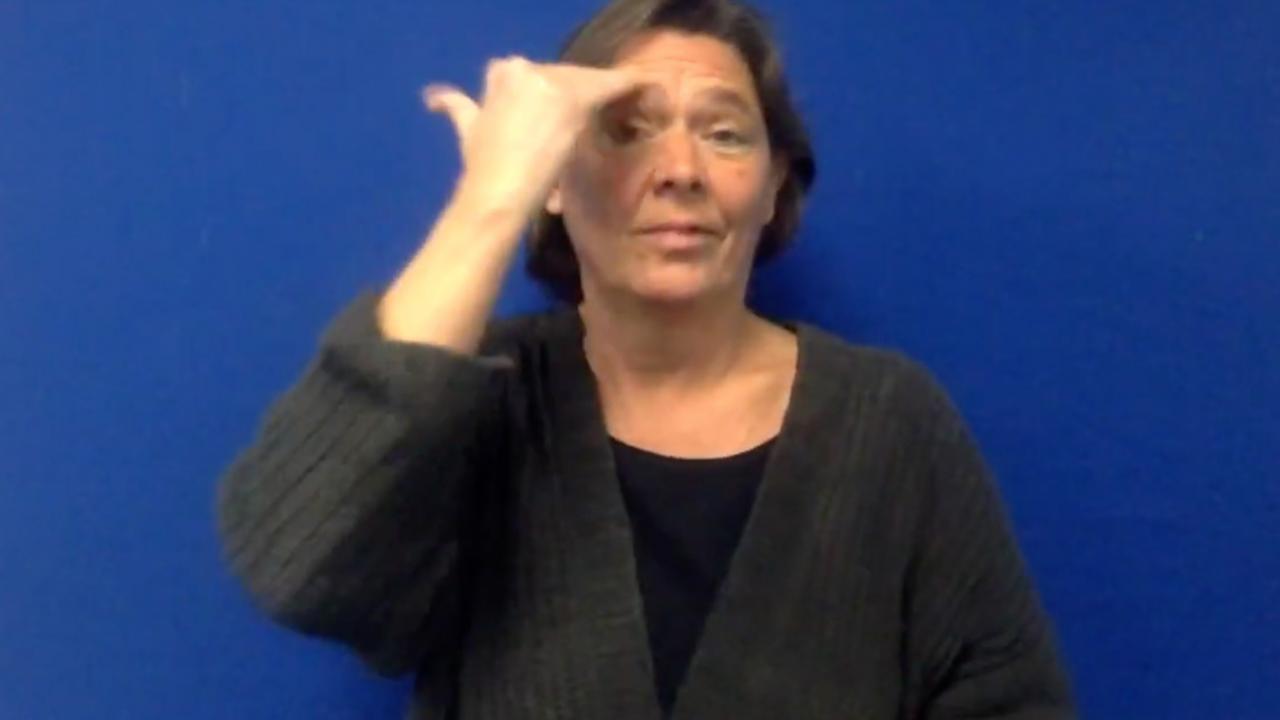 A white woman with short hair standing in front of a blue background. She is wearing a dark gray sweater and signing the word Knowledge.